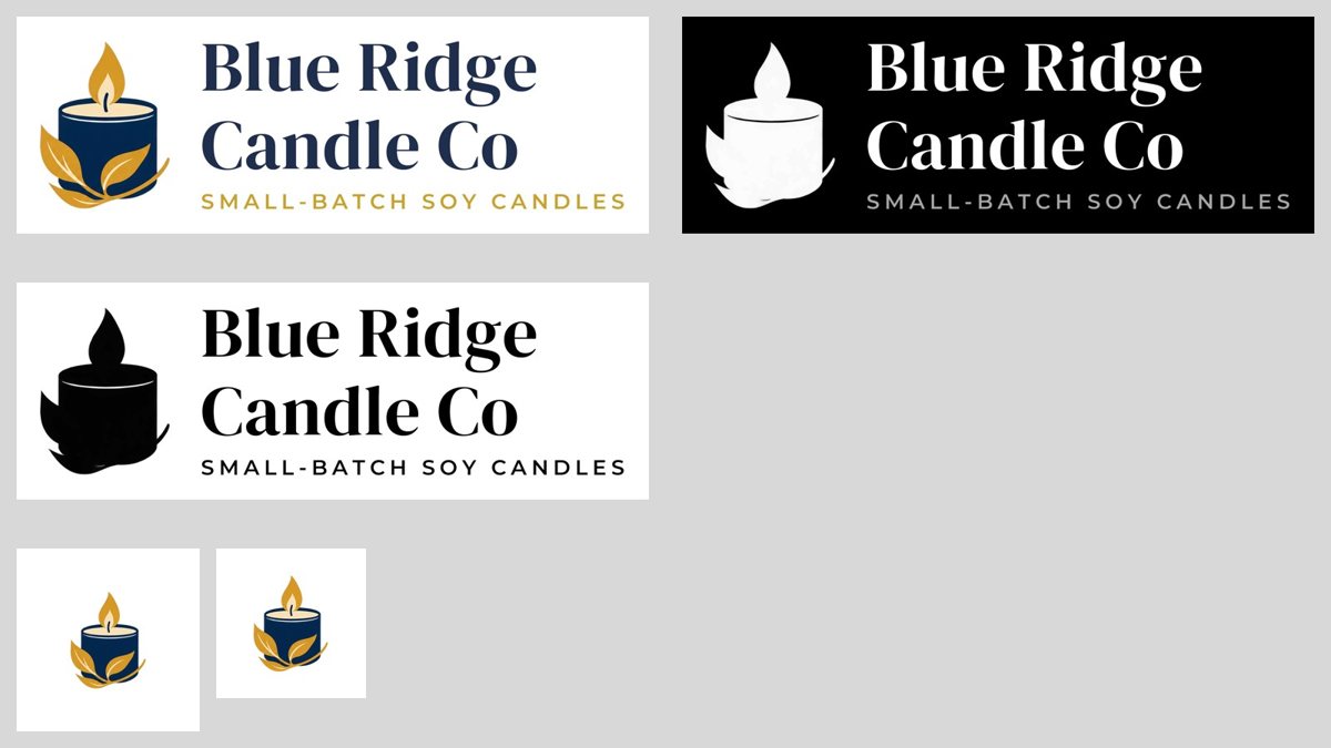 A candle shop logo made in PicMerchant, shown on white, on black, in one colour and as a square icon