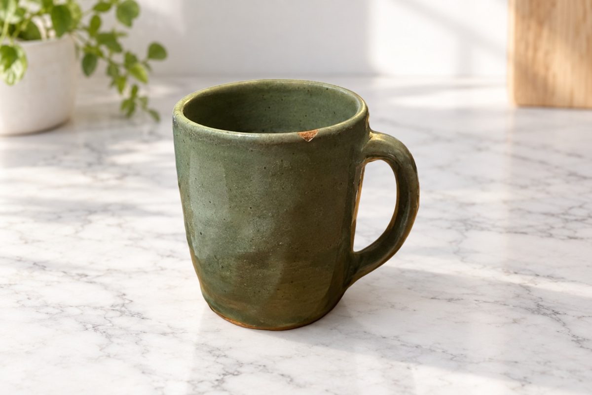 The same handmade mug, set on a sunlit marble counter