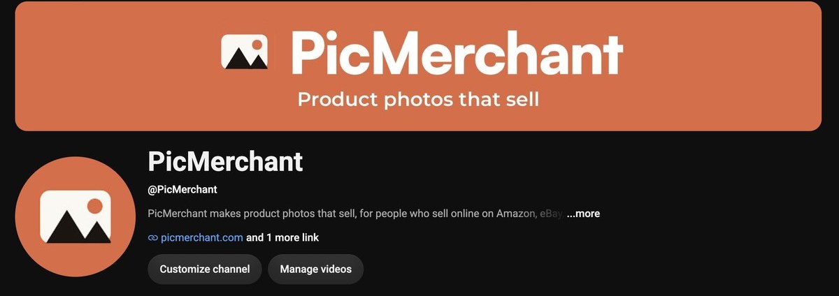 The PicMerchant YouTube channel, with the banner, channel picture and description set up following these steps