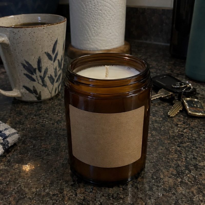 A candle jar on a kitchen counter next to a mug, keys and paper towels