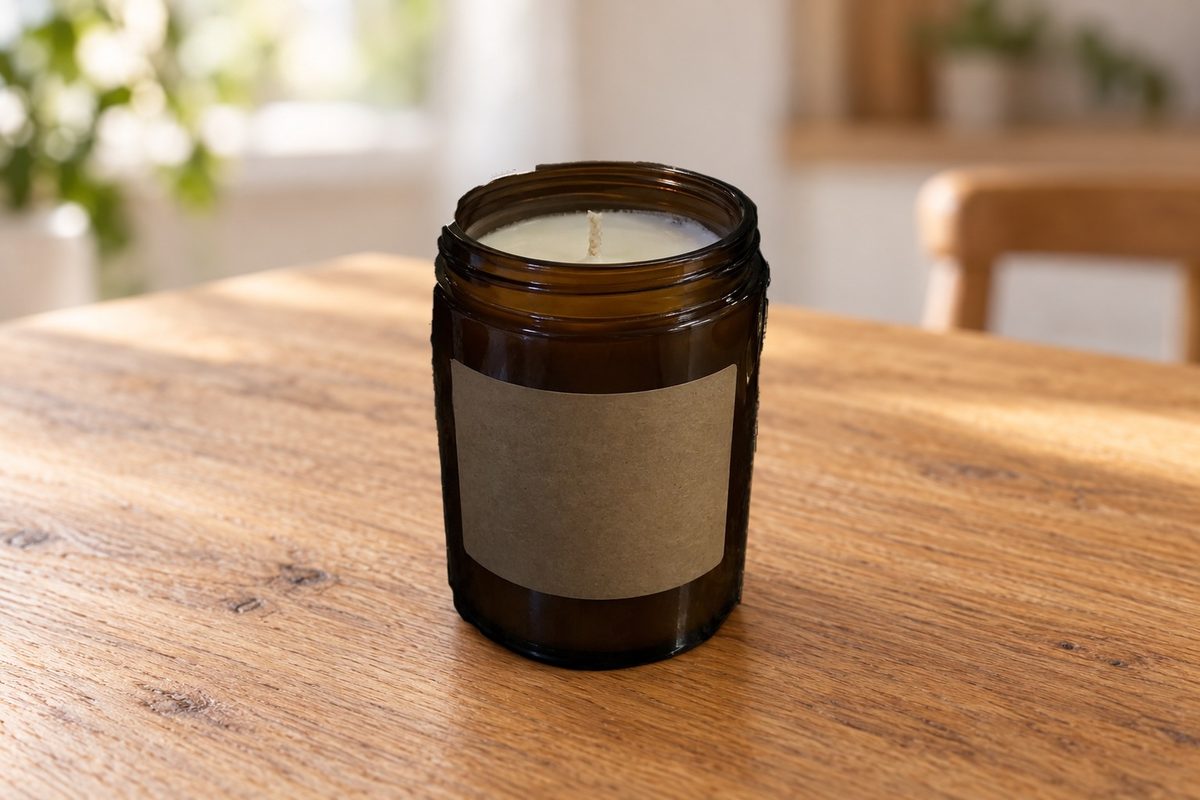 The candle from the kitchen photo placed on a wood table in a bright room