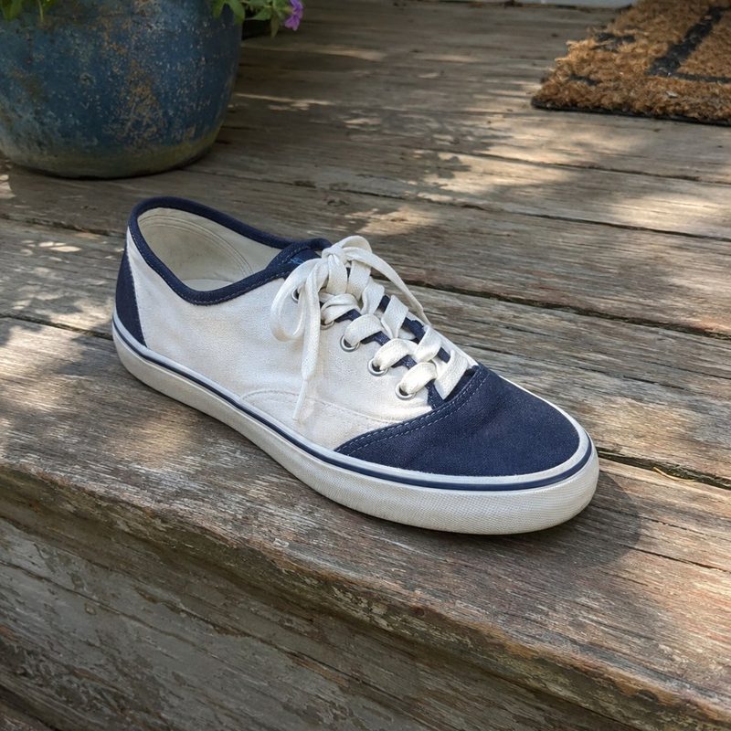 A canvas sneaker on a weathered porch step